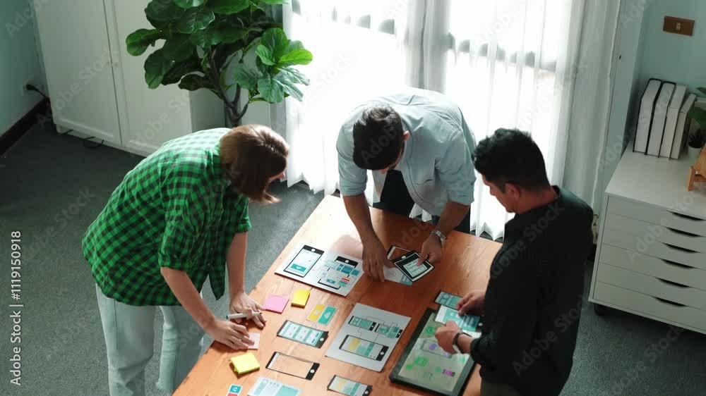 Poster top view of smart ui designer brainstorming and planning about ux uo design or mobile interface wire
