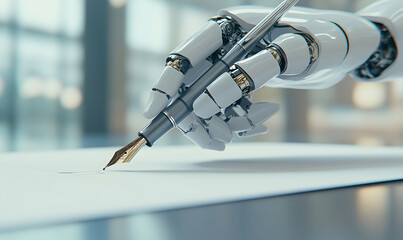 Robotic hand delicately holding a fountain pen, signing a document; futuristic concept of AI and technology in business.
