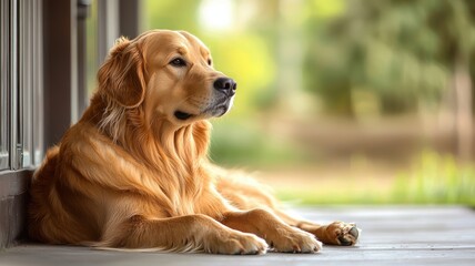 Obraz premium A relaxed golden retriever rests peacefully on a porch, enjoying the serene outdoor atmosphere.