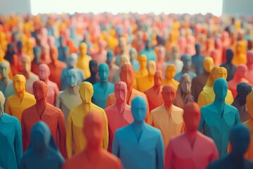Fototapeta premium Large group of diverse paper figures with different skin tones, standing in open space with blurred background, focus on faces.