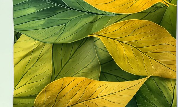 Feuilles vertes et jaunes en gros plan avec nervure visible sur fond v&eacute;g&eacute;tal et espace n&eacute;gatif copyspace, texture botanique naturelle, feuillage d&eacute;coratif, composition organique, nature et automne