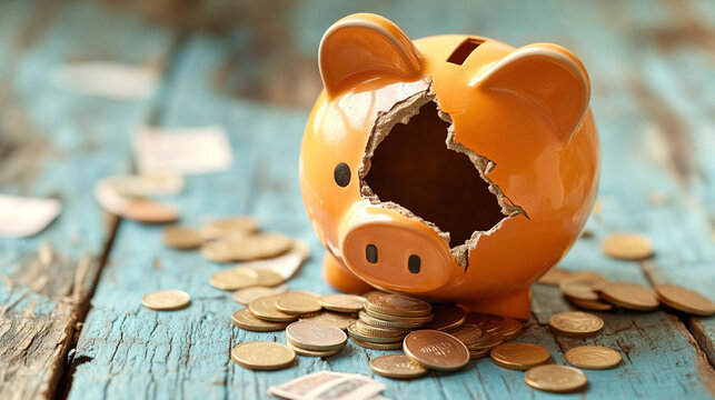 Broken piggy bank with coins scattered around, symbolizing financial struggle and the need for careful budgeting and saving.