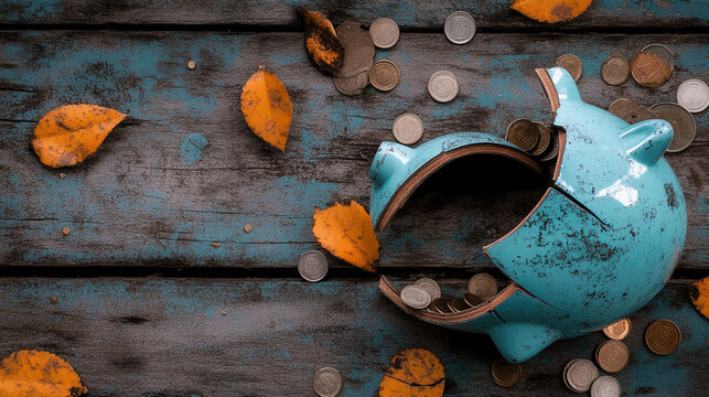 Broken piggy bank with coins scattered around, symbolizing financial struggle and the need for careful budgeting and saving.