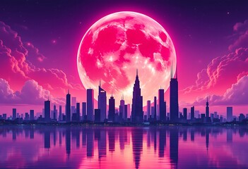 Retro Wave style night city background with big purple moon and bright neon glowing
