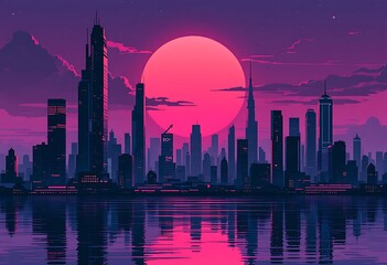 Retro Wave style night city background with big purple moon and bright neon glowing
