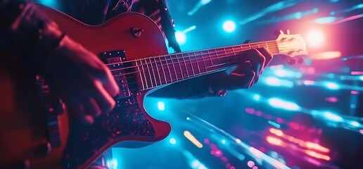 Obraz premium Close-up of a musician playing a red electric guitar on stage with vibrant neon lights.