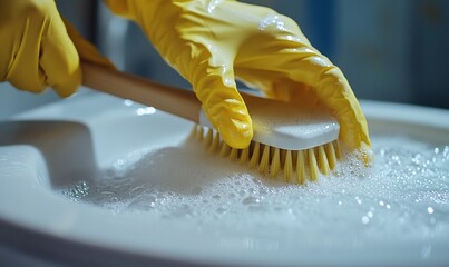 Close-up of gloved hand scrubbing toilet bowl with brush and soapy water.