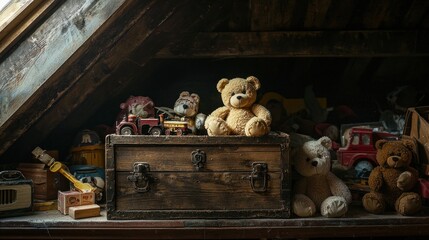 A dusty attic scene with a forgotten chest full of old toys like teddy bears, dolls, and wooden trains