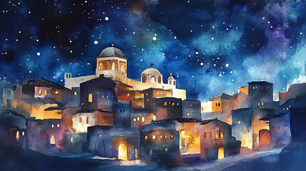 Vibrant watercolor illustration of Bethlehem under a night sky 