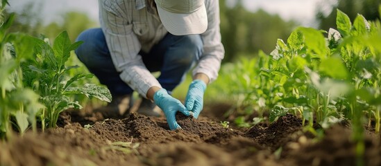 Naklejka premium A farmer plants a seed in a field of growing crops while wearing blue gloves.