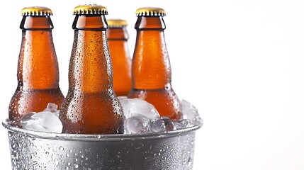 Cold bottles of beer with condensation droplets in a metal bucket with ice, isolated on white background