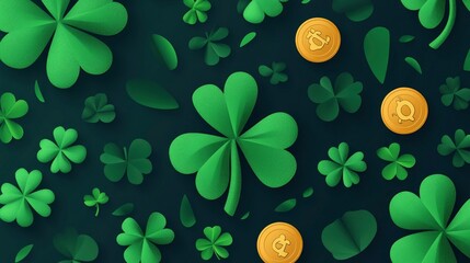 St Patricks Day concept, art of shamrock leaves and golden bit coins on dark green background