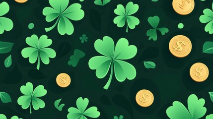 St Patricks Day concept, art of shamrock leaves and golden bit coins on dark green background