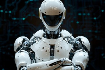 Fototapeta premium a white robot with complex design, square head, full body shot, crossed arms, spotlighting, black background, standing