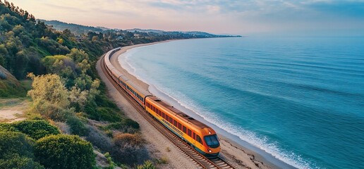 Obraz premium Coastal train journey along scenic beach at sunset.