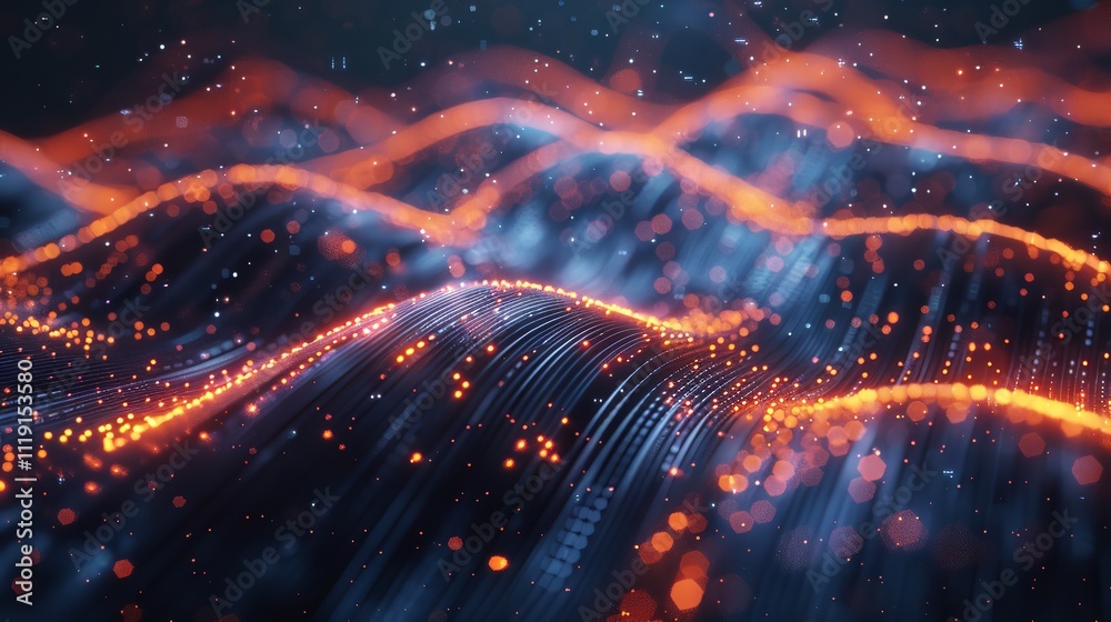 Poster big data concept blockchain 3d illustration information waves and the global database neural network