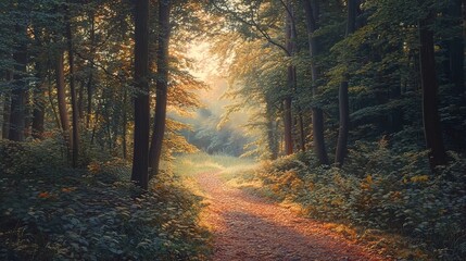 Fototapeta premium Sunlit path winding through a lush green forest with misty atmosphere.