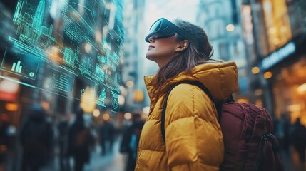 Woman using AR glasses in city, viewing futuristic data overlay.