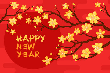 Happy Lunar New Year. Branch with yellow apricot flowers on a red background. Card or banner for Chinese New Year, Tet. Spring cherry or apple flowers.