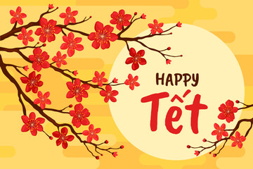 Happy Tet. Branch with red sakura flowers on a yellow background. Card or banner for Lunar New Year, Vietnamese New Year, Chinese New Year. Spring apricot, cherry or apple flowers.