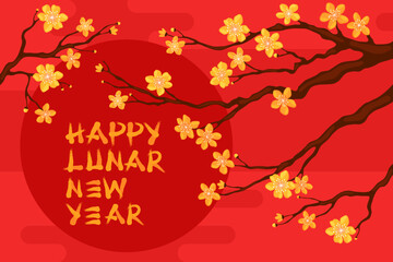 Happy Lunar New Year. Branch with yellow apricot flowers on a red background. Card or banner for Chinese New Year, Tet. Spring cherry or apple flowers.