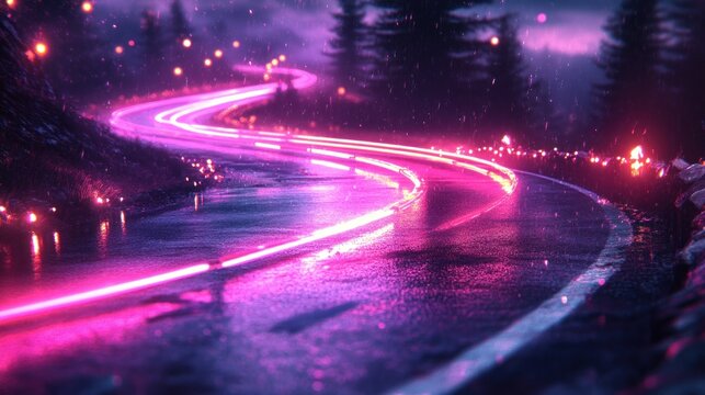 Glowing pink lines on a winding road at night.