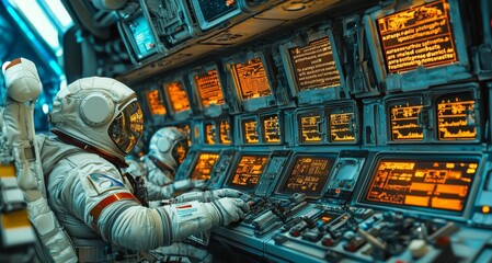Astronauts Working Spacecraft Control Panel Futuristic Technology