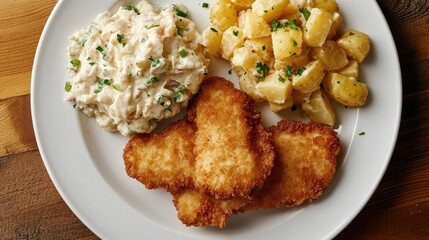 Crispy Chicken Fillets with Creamy Salad and Seasoned Potatoes