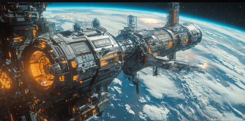 Futuristic Space Station Orbiting Earth Sci Fi Spacecraft Technology Exploration