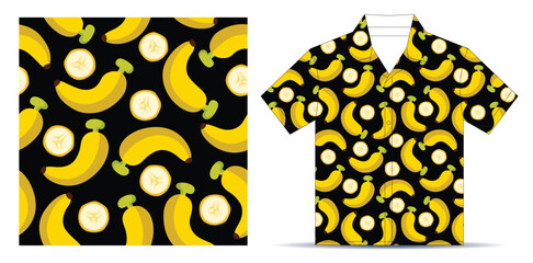 Bananas fruit and slices seamless pattern. Food background. Banana seamless pattern for the shirt, Banana with a black background, Vector cartoon flat illustration.