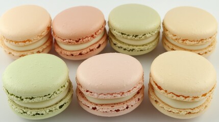 Obraz premium Colorful French Macarons in a Neat Arrangement on a White Background