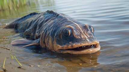 Fototapeta premium A Large Brown Fish Rests In Shallow Water