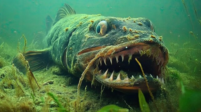 A Large Algae Covered Fish Rests Underwater