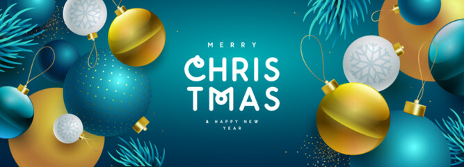 Merry Christmas and Happy New Year holiday poster or banner with 3D colorful ball spheres. Christmas blue background. Vector illustration