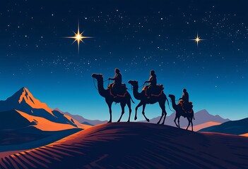 Christmas Nativity Scene - Three Wise Men in the desert at night
