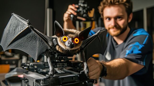Animatronic Bat Model Being Adjusted By Filmmaker