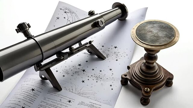 Exploring the Cosmos Through an Elegant Antique Telescope and Star Chart on a Desk