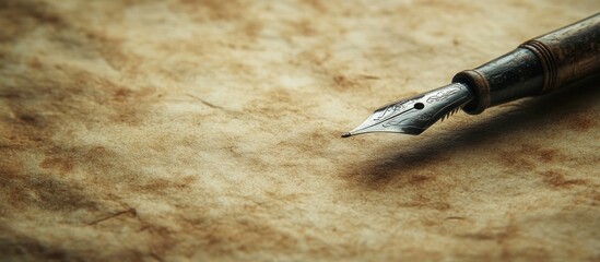Naklejka premium A vintage fountain pen resting on aged parchment paper, ready to write a story.