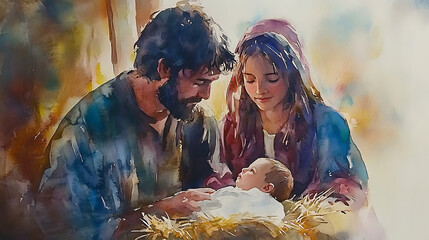 Watercolor painting of Mary and Joseph tenderly caring for Baby Jesus in the manger 