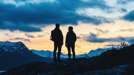 Obraz premium Silhouetted Couple at Sunset Over Snowy Mountains