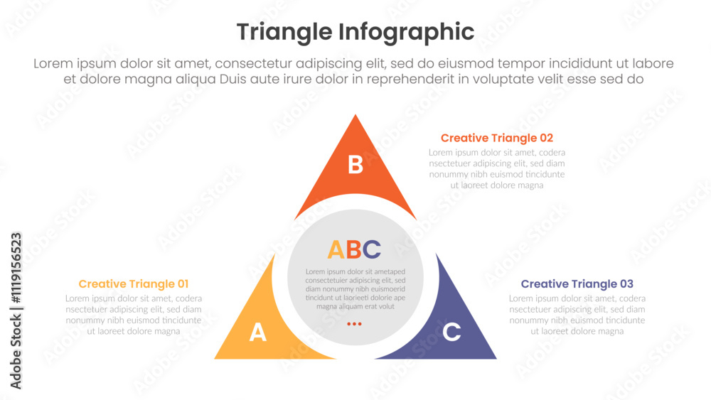 Poster triangle base shape infographic template banner with triangle with big circle center slice cut round