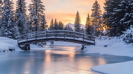 Wooden Bridge Over Frozen Lake in Winter Wonderland