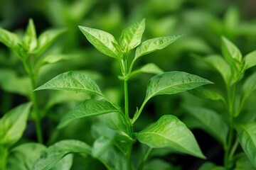 Lush green chili pepper plants thriving in the garden. Perfect for illustrating healthy growth, agriculture, or spicy food themes.