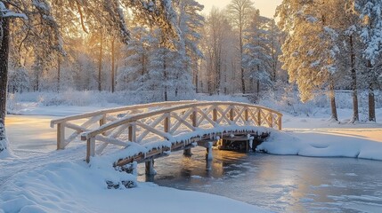 Snowy Winter Wonderland with Wooden Bridge Over Icy Creek