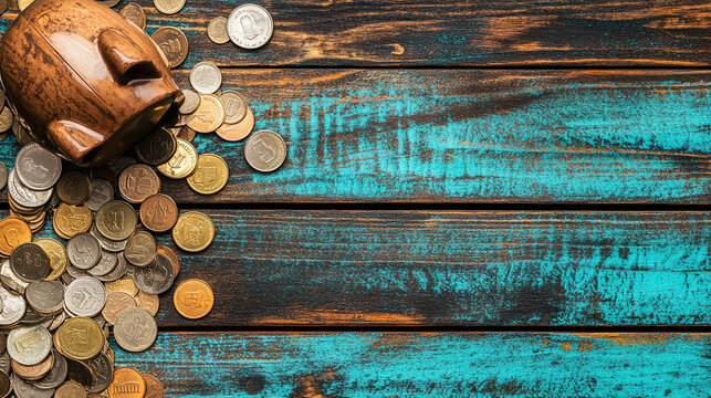 Broken piggy bank with coins scattered around, symbolizing financial struggle and the need for careful budgeting and saving.