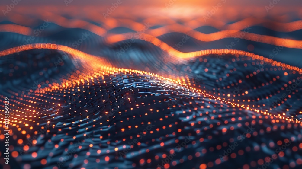 Poster big data concept blockchain 3d illustration information waves and the global database neural network