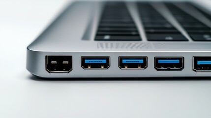 Showcase of a sleek portable usb-c hub with multiple ports on a white background highlighting its metallic body and crisp technological features