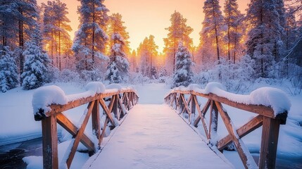 Snowy Bridge in Winter Forest at Sunset