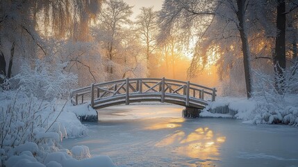 Winter Wonderland: Bridge Over Frozen Lake at Sunset