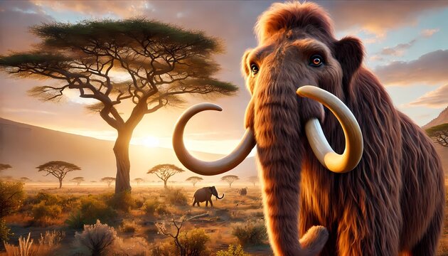 a mamut in the background of an acacia tree in the Serengeti with soft dawn light.
Created with generative A.I.
